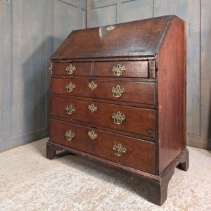 George III Antique Oak Bureau with Original Handles & Escutcheons