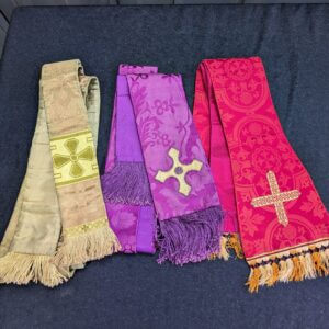 Three Long Vintage Silk Stoles Green/Purple/Red