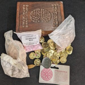 Carved Hardwood Box full of Church Incense Spoon & 'Gold Coins' plus Charcoal