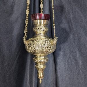 Hanging Orthodox Sanctuary Vigil Lamp with Ryasna Patterned Chains & Ruby Glass Holder