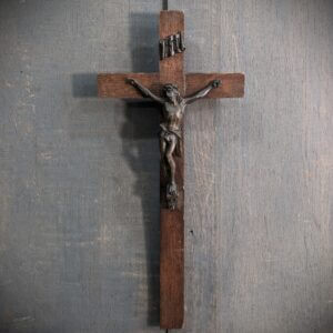 Heavy Small to Medium Size Antique Metal & Oak Crucifix from Deal Convent