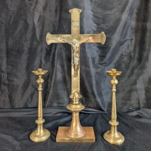 Heavy Vintage Brass Church Crucifix & Candlestick Set from St Alban's RC Derby