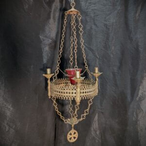 Antique French Gothic Brass Sanctuary Lamp with Red Candleholder