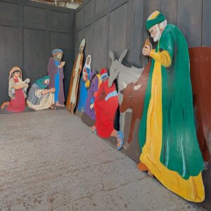 Unusual & Practical Handpainted Large Nine Piece 2D Plywood Nativity Set