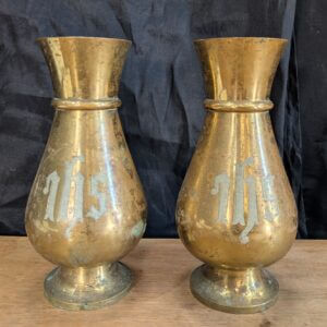 Pair of Heavy 19th Century English IHS Brass Church Flower Vases