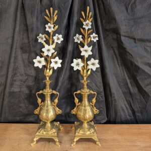 Exceptional 1880's French Brass and Gilt Bronze Vases 'Portapalme' with Opaline Flowers
