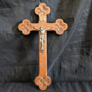 1940's Vintage French Hand Detailed Oak & Spelter Wall Hanging Crucifix