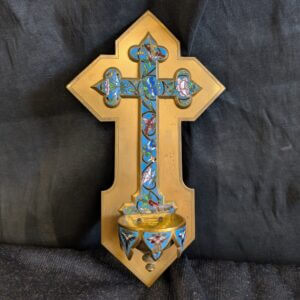 1920's Vintage French Wall Mounted Enamel Cloisonne & Brass Holy Water Font Stoop