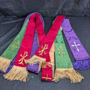 Set of Three Hand Worked Long Stoles in Purple Red & Green