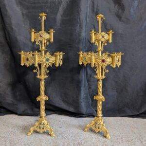 Stunning Pair of Ex-Convent Antique Gilded Brass and Gemstone Corona Candelabras