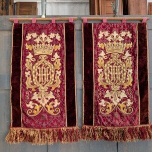 Exciting High Church 1980's Antique Embroidered Gold & Red Damask Banner Hangings