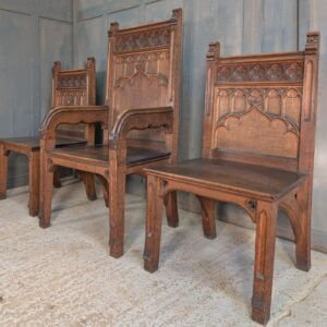 Set of Three Large Carved Antique Oak Gothic Clergy Chairs from St Andrew's Liverpool
