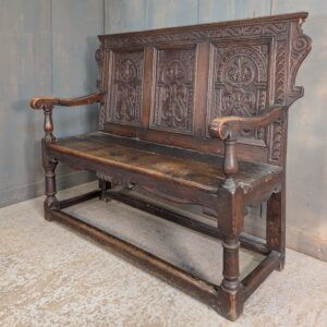 18th Century Carved Oak & Elm Settle with Triple Panel Back