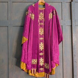 1960's Vintage Convent of Marie Reparatrice Purple Damask Silk Chasuble & Stole
