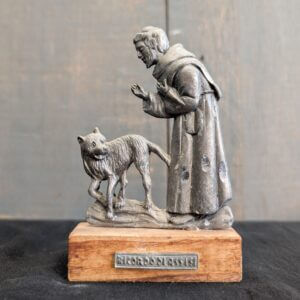 Italian Wood & Metal Statue of St Francis of Assisi with his Wolf