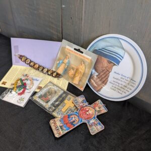 Fun Collection of Catholic Accessories - Rosary, Teresa Plate, Holy Family in a Packet, Holy Bracelet