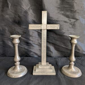 Pewter Coloured Metal Small Altar Crucifix Candlestick Set