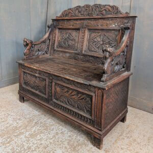 17th Century Style Antique Carved Oak Monks Bench with Griffins