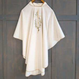 Stylish Italian Alb with Embroidered Gold Cross & Olive Tree