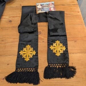 Lined Damask Silk Black Funeral Stole with Gold Crosses