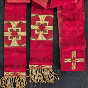 Long & Narrow Red Damask Silk Stole with Stylised Gold Canterbury Cross