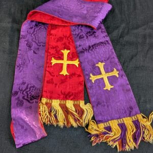 Red & Purple Reversible Silk Damask Stole with Fleuree Crosses