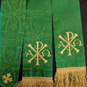 High Quality Lined Green Silk Damask Stole with Gold Embroidered PAX and Alpha Omega