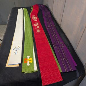 Four Modern Stoles Purple Green White & Red/Green Reversible