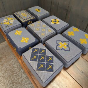 Set of 9 Embroidered Blue & Yellow Hassocks Cushions Kneelers from Midhurst Parish Church