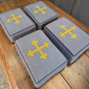 Four Midhurst Blue & Yellow Kneelers Hassocks with Wooden Bases