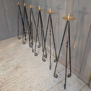 'Big 6' Set of Tall Black & Gold Painted Steel Altar Candlesticks