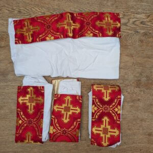 Four Broad Apparelled Amices in Brocade with Gold Crimson Crosses