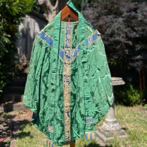 Good Looking Vintage Green Damask Silk Chasuble with Blue Gold Orphreys with Stole
