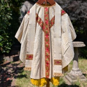 Vintage Cream Damask Silk Chasuble with Gold Red Orphreys & Stole