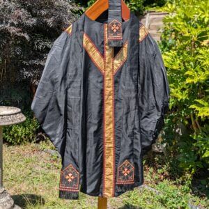 Beautiful Vintage Black Silk Chasuble with Gold Orphreys & Stole