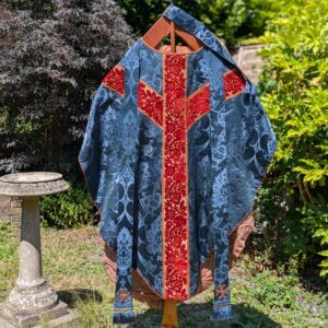 Gorgeous Vintage Deep Blue Damask Silk Chasuble with Gold Umber Orphreys