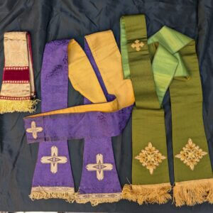 Two Stoles Embroidered Green Silk Purple Damask & Maniple