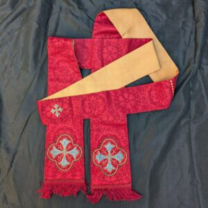 Lovely Embroidered Vintage Red Damask Stole with Blue Crosses