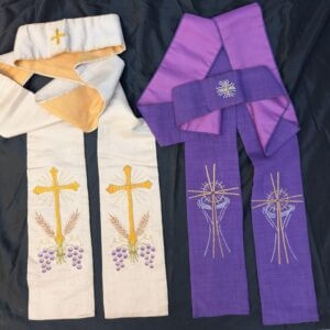 Two 1960's-70's Embroidered Broad Stoles Cream & Purple
