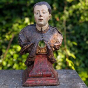 Unusual Early 19th Century Carved Polychrome Reliquary Bust of St Dominic