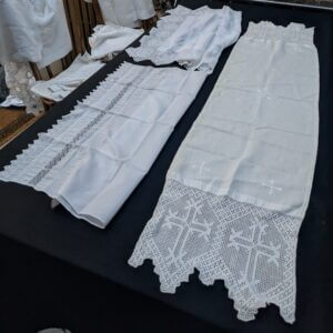 Communion Linen #9 - Very Fine Embroidered Lace Altar Table Runner Cloth Fair Linen plus 2 other Good Quality Cloths