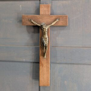 Modern German Oak & Gold Coloured Metal Convent Crucifix Medium Size