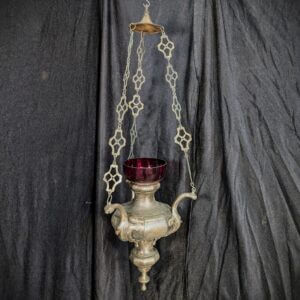 Large Antique Brass Silver Plated Sanctuary Liturgy Lamp with Splendid Red Glass