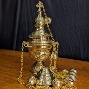 Medium Size Foliate Patterned Brass Thurible Censer Incense Burner with Bells