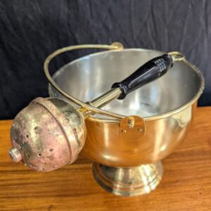 Well Used Large Holy Water Vat Pail Pot with Large Black Handled Holy Water Sprinkler Aspergillum