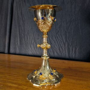 Highly Ornate & Bejewelled Heavy Rococo Style Gilt Brass Chalice & Paten