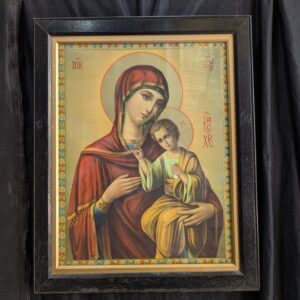 Antique East European Icon Framed Lithograph depicting Madonna & Child