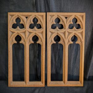 Two Gothic Antique Medium Size Carved Oak Open Lancet Matching Panels