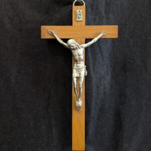 Small Modern French Bright Metal and Wood Crucifix