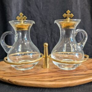 Modern Italian Church Cruet Set on Olive Wood Dish